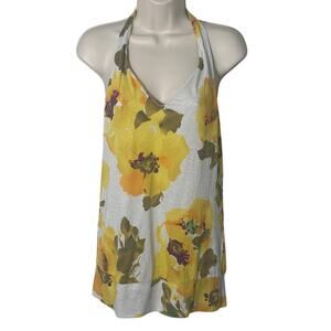 Anthropologie Yellow Floral Halter Tie Top Metallic Shimmer Size M